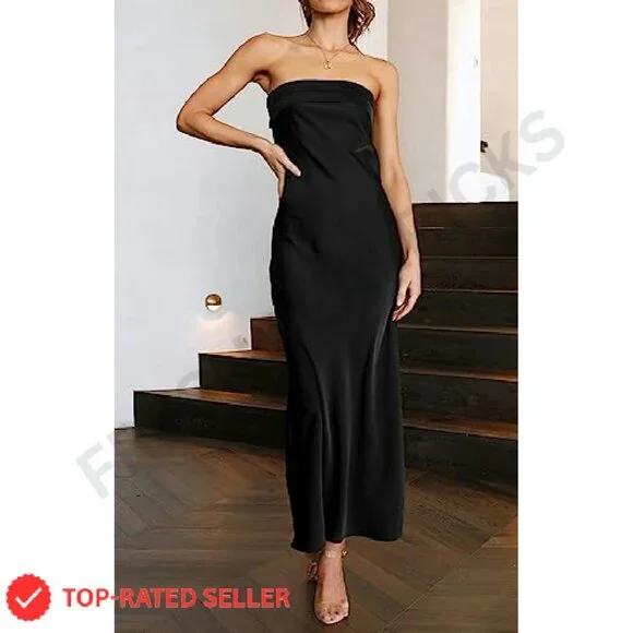 Satin Strapless Backless Maxi Dress Elegant Formal Party Bodycon Chic - Picture 7 of 8